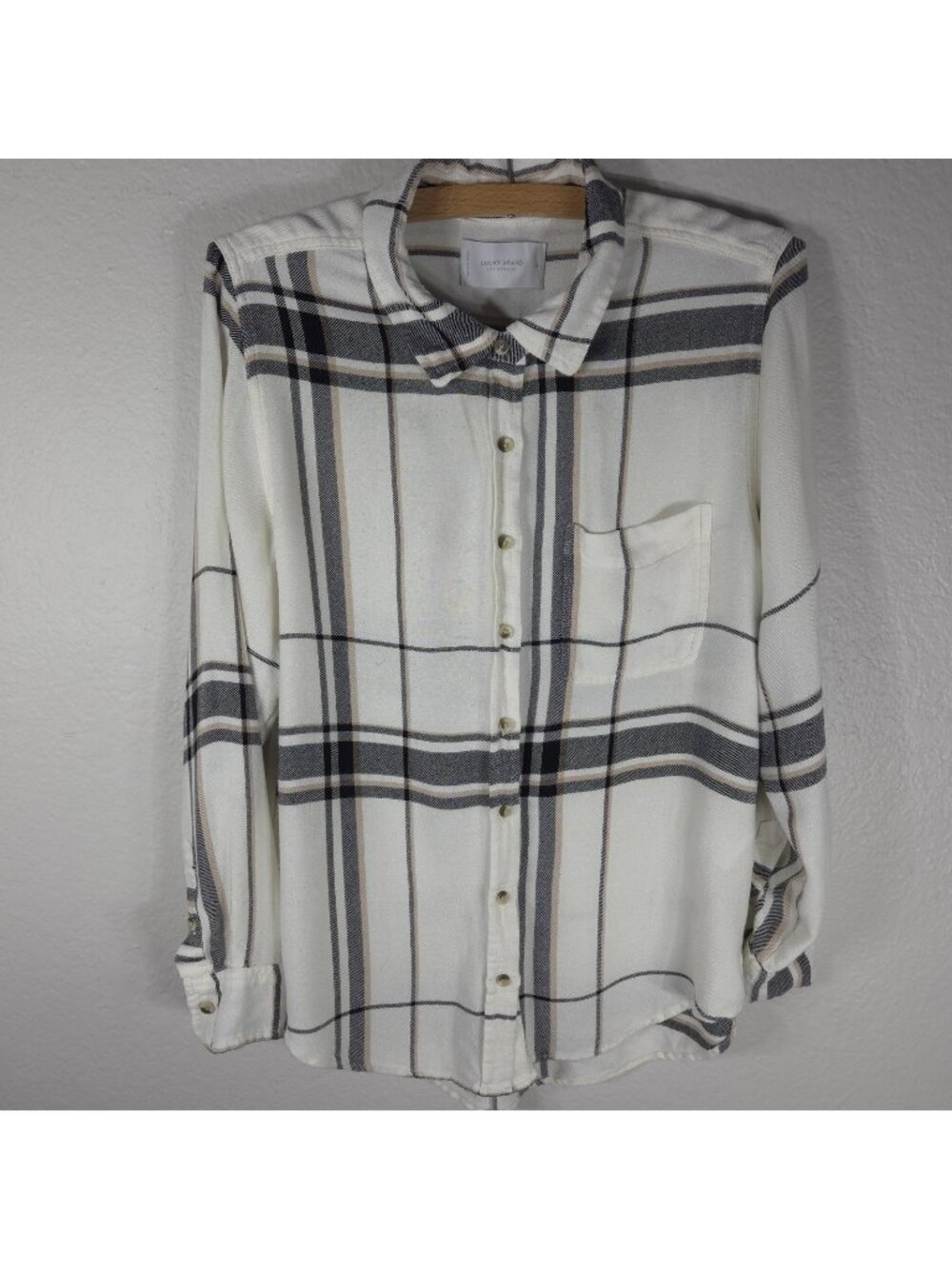 Lucky Brand Boyfriend Flannel Shirt Womens M Cream Long Sleeve Oversized